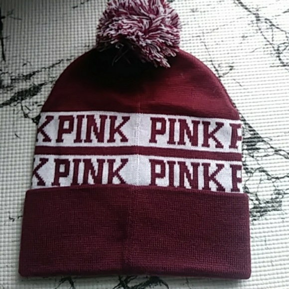 NWT VS Pink Pom Pom Maroon Beanie - Picture 4 of 5